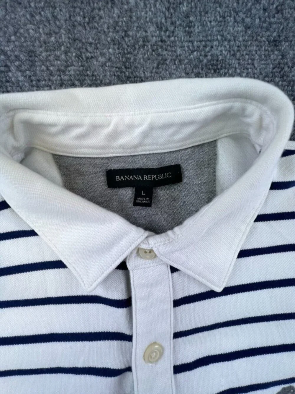 Banana Republic Polo Shirt Men's Large White Blue Striped Casual Golf Elephant
